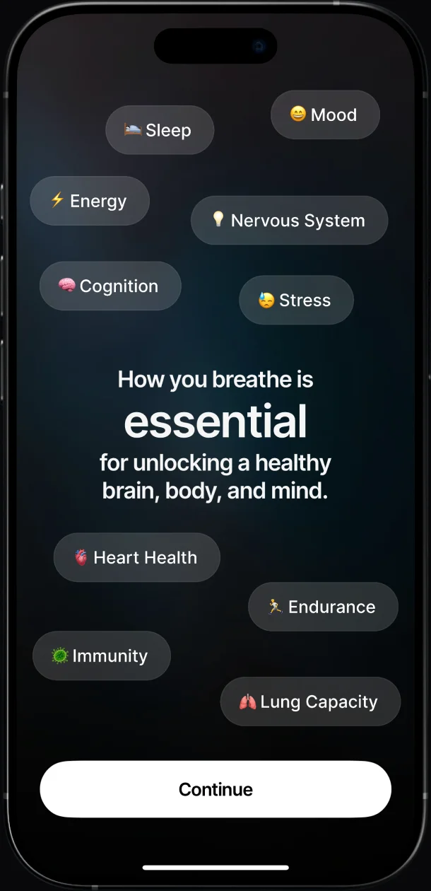 Breathwrk app screen showing how breathing supports sleep, mood, energy and focus